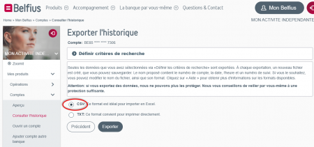 Exporter les CSV sur le homebanking de Belfius