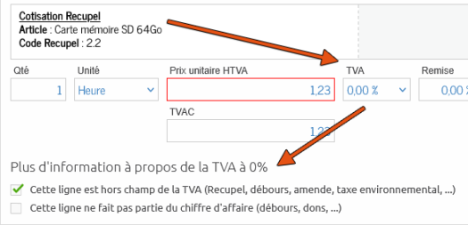 Cette ligne est hors champ de la TVA (Recupel, débours, amende, taxe environnemental, ...)